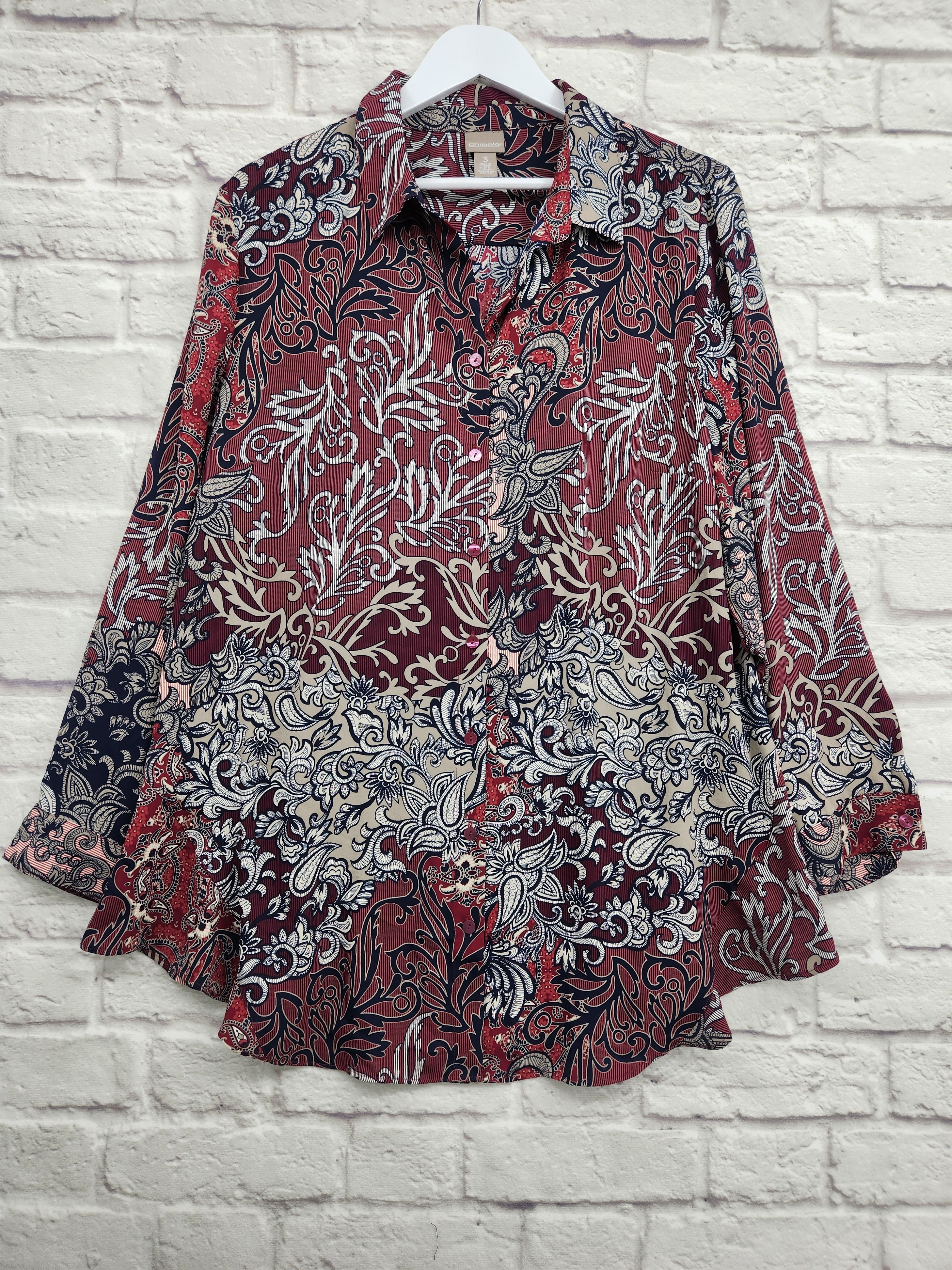 Chico's Paisley Floral Blouse Size 3 Xl Burgundy Navy Cream Boho Career Chic